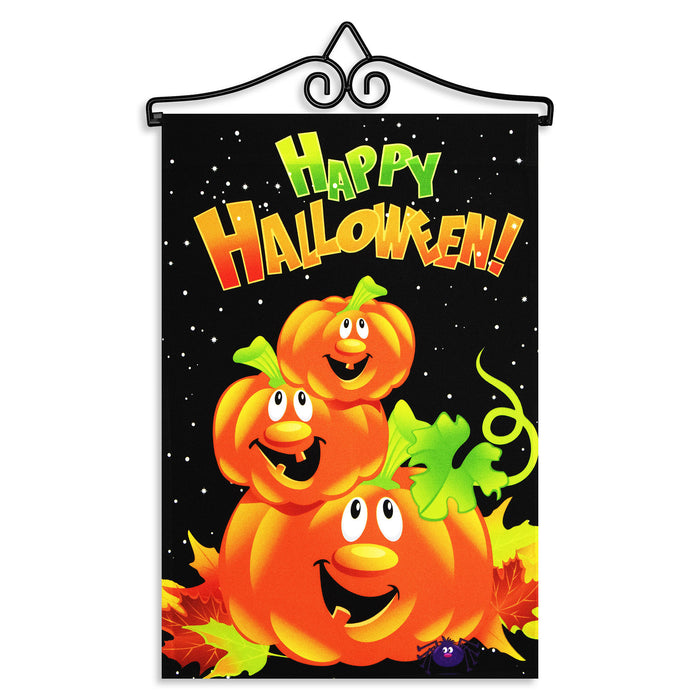 G128 Combo Pack Garden Flag Hanger 14IN & Garden Flag Happy Halloween 3 Pumpkins 12x18IN Printed 150D Polyester