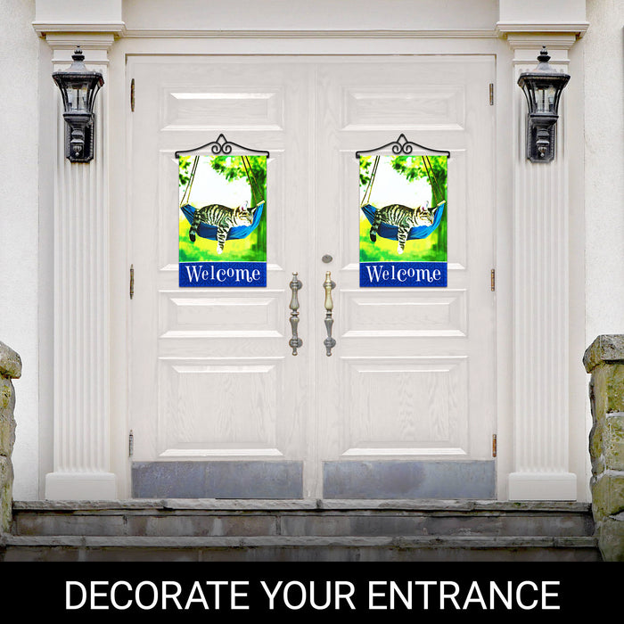 G128 Combo Pack Garden Flag Hanger 14IN & Garden Flag Welcome Sleeping Kitten 12x18IN Printed 150D Polyester