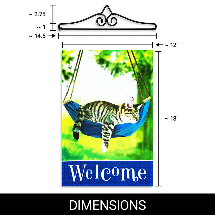 G128 Combo Pack Garden Flag Hanger 14IN & Garden Flag Welcome Sleeping Kitten 12x18IN Printed 150D Polyester