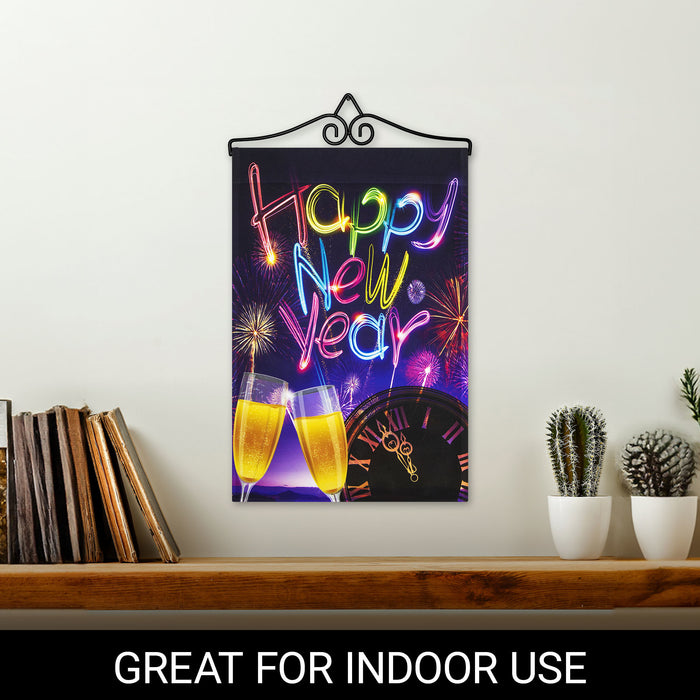 G128 Combo Pack Garden Flag Hanger 14IN & Garden Flag Happy New Year Fireworks and Champagne 12x18IN Printed 150D Polyester