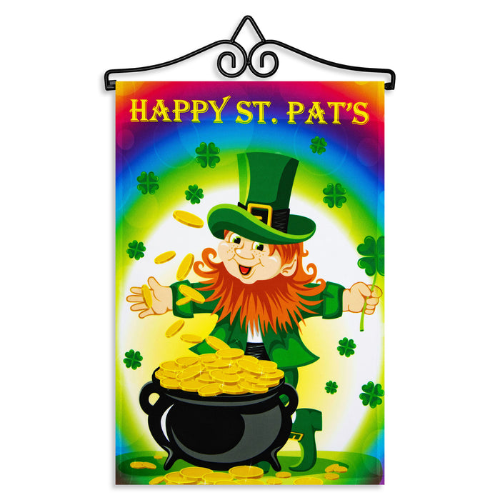 G128 Combo Pack Garden Flag Hanger 14IN & Garden Flag Happy St. Patrick's Day Leprechaun with Pot of Gold 12x18IN Printed 150D Polyester