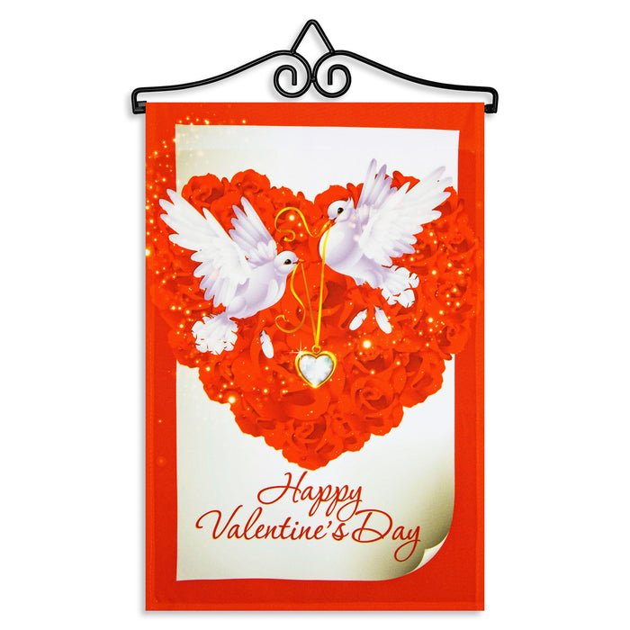 G128 Combo Pack Garden Flag Hanger 14IN & Garden Flag Happy Valentine's Day Doves 12x18IN Printed 150D Polyester