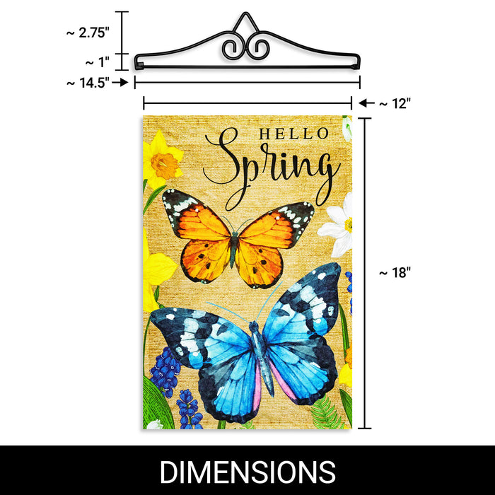 G128 Combo Pack Garden Flag Hanger 14IN & Garden Flag Hello Spring Butterflies Flowers 12x18IN Printed 150D Polyester