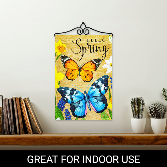 G128 Combo Pack Garden Flag Hanger 14IN & Garden Flag Hello Spring Butterflies Flowers 12x18IN Printed 150D Polyester
