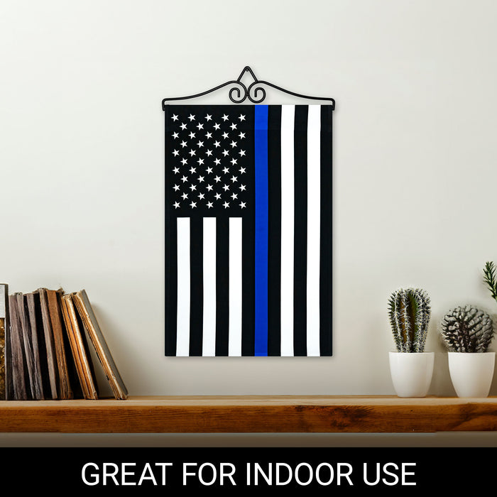 G128 Combo Pack Garden Flag Hanger 14IN & Garden Flag Thin Blue Line 12x18IN Printed 150D Polyester