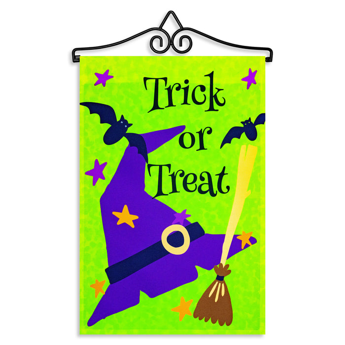 G128 Combo Pack Garden Flag Hanger 14IN & Garden Flag Trick or Treat Purple Witch Hat Green BG 12x18IN Printed 150D Polyester