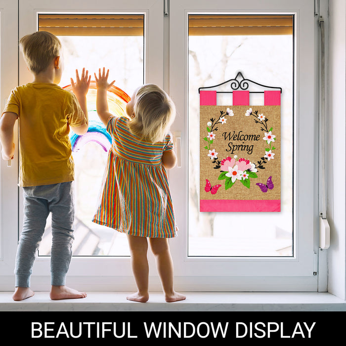 G128 Combo Pack Garden Flag Hanger 14IN & Garden Flag Welcome Spring Flower Wreath and Butterflies 12x18IN Printed Double Sided Blockout Fabric