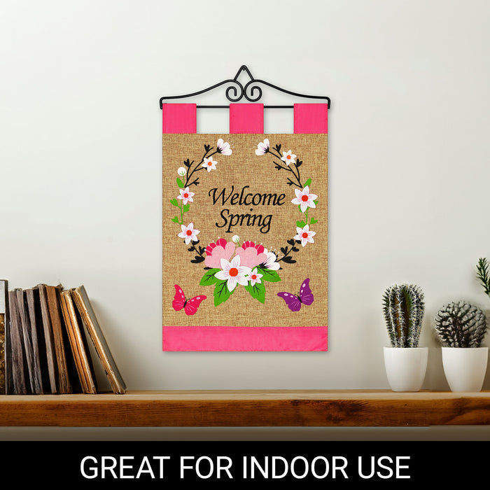 G128 Combo Pack Garden Flag Hanger 14IN & Garden Flag Welcome Spring Flower Wreath and Butterflies 12x18IN Printed Double Sided Blockout Fabric