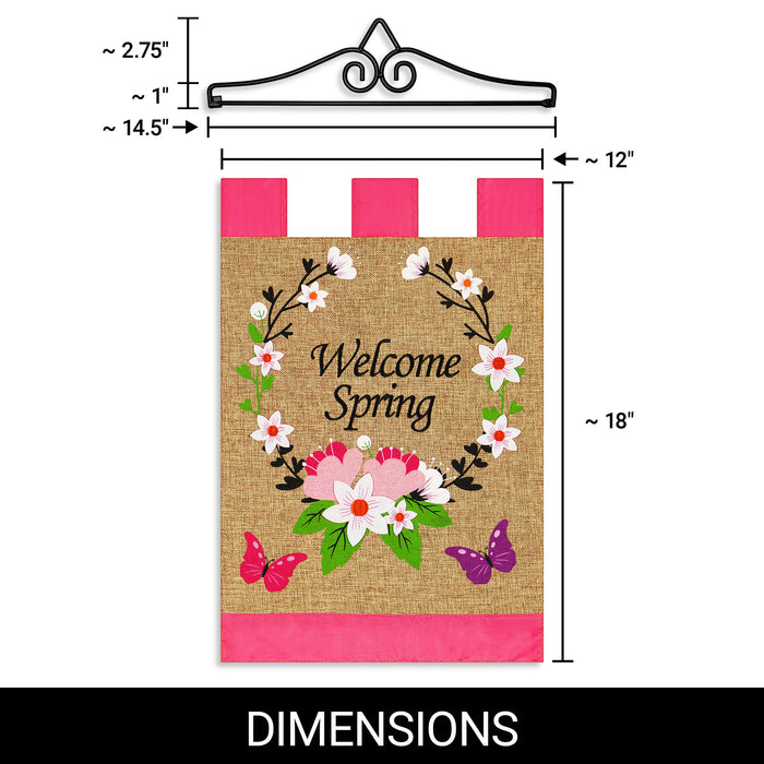 G128 Combo Pack Garden Flag Hanger 14IN & Garden Flag Welcome Spring Flower Wreath and Butterflies 12x18IN Printed Double Sided Blockout Fabric