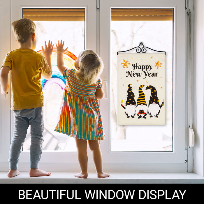 G128 Combo Pack Garden Flag Hanger 14IN & Garden Flag Happy New Year 3 Celebrating Gnomes 12x18IN Printed Double Sided Burlap Fabric