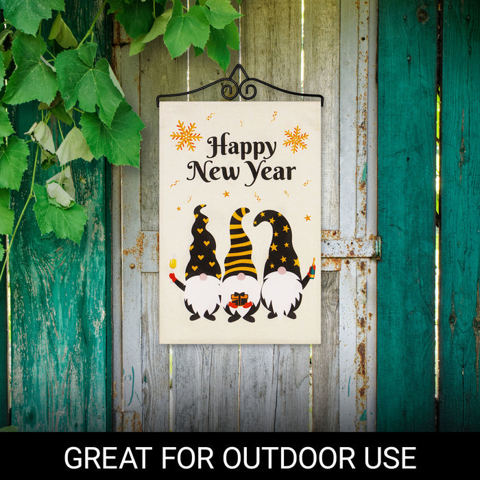 G128 Combo Pack Garden Flag Hanger 14IN & Garden Flag Happy New Year 3 Celebrating Gnomes 12x18IN Printed Double Sided Burlap Fabric