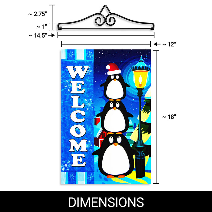 G128 Combo Pack Garden Flag Hanger 14IN & Garden Flag Welcome 3 Penguins 12x18IN Printed 150D Polyester