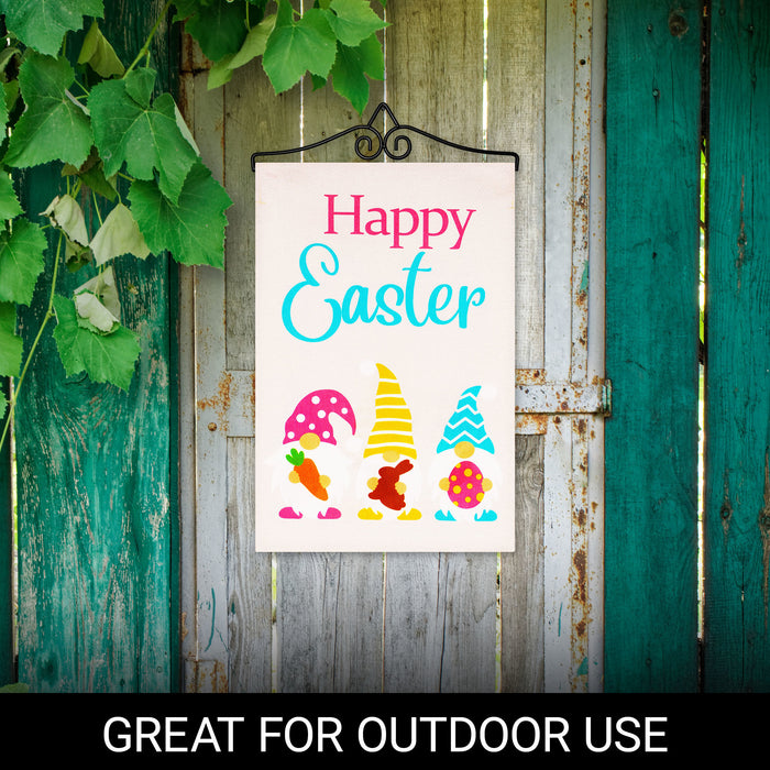 G128 Combo Pack Garden Flag Hanger 14IN & Garden Flag Happy Easter 3 Gnomes with Carrot Chocolate Bunny Egg 12x18IN Printed Double Sided Burlap Fabric