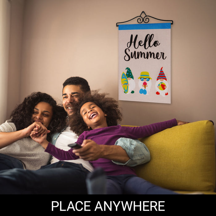 G128 Combo Pack Garden Flag Hanger 14IN & Garden Flag Hello Summer 3 Beach Ready Gnomes 12x18IN Printed Double Sided Burlap Fabric