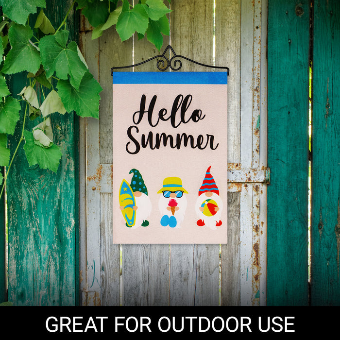 G128 Combo Pack Garden Flag Hanger 14IN & Garden Flag Hello Summer 3 Beach Ready Gnomes 12x18IN Printed Double Sided Burlap Fabric