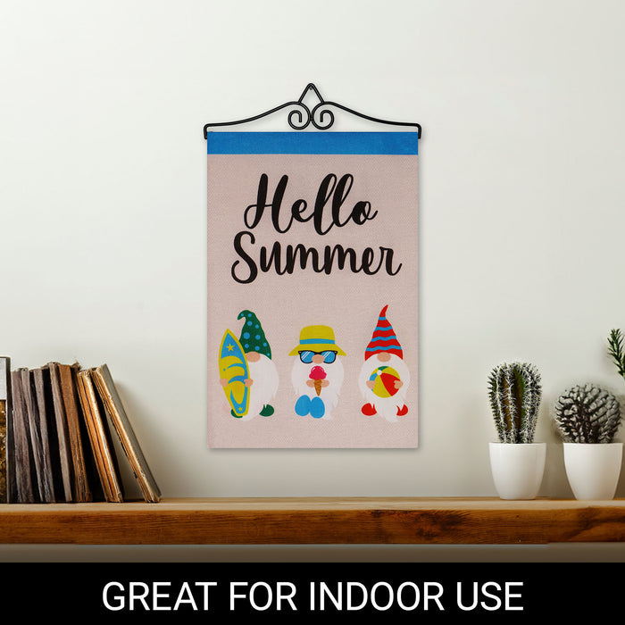 G128 Combo Pack Garden Flag Hanger 14IN & Garden Flag Hello Summer 3 Beach Ready Gnomes 12x18IN Printed Double Sided Burlap Fabric