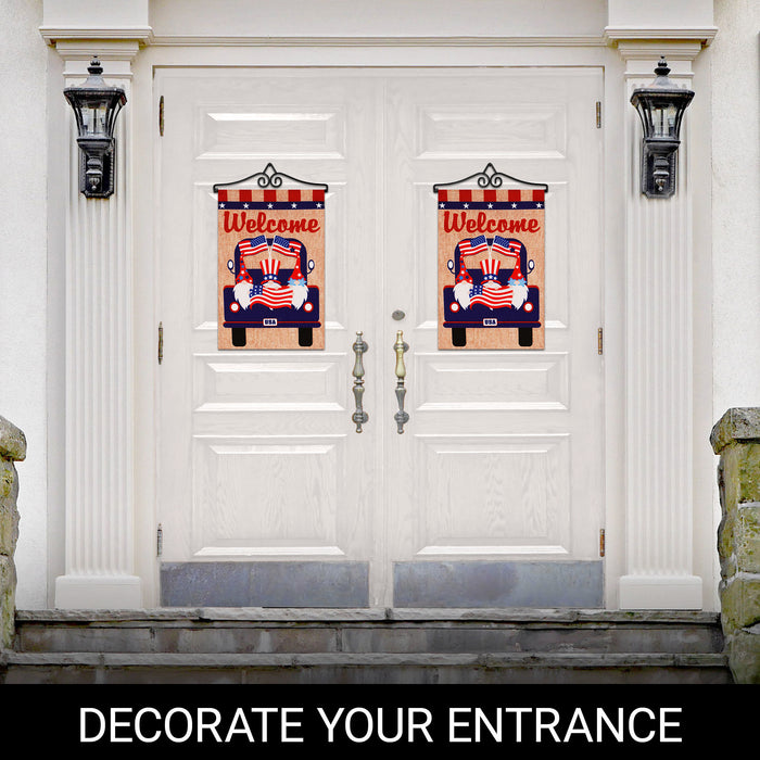 G128 Combo Pack Garden Flag Hanger 14IN & Garden Flag Welcome 3 Gnomes in Patriotic Truck 12x18IN Printed Double Sided Burlap Fabric