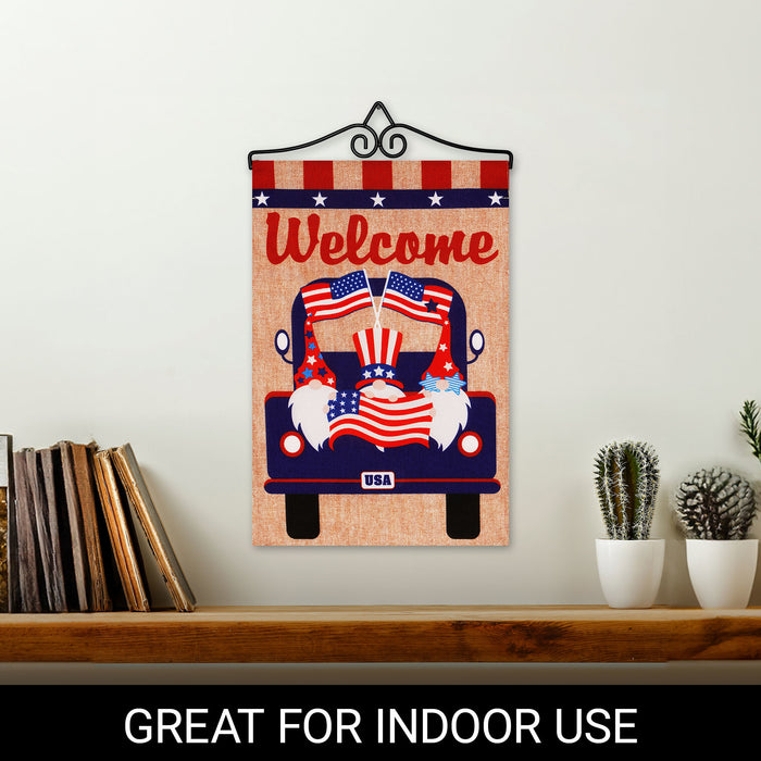 G128 Combo Pack Garden Flag Hanger 14IN & Garden Flag Welcome 3 Gnomes in Patriotic Truck 12x18IN Printed Double Sided Burlap Fabric