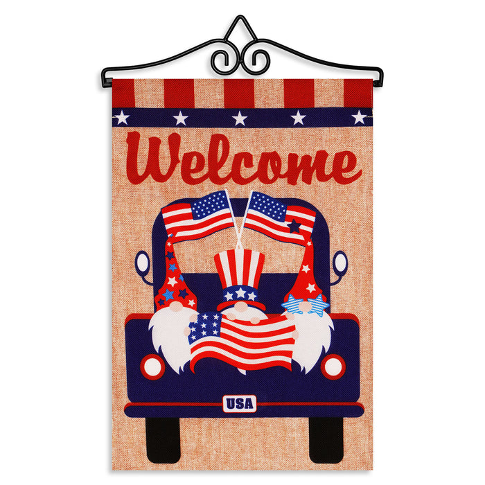 G128 Combo Pack Garden Flag Hanger 14IN & Garden Flag Welcome 3 Gnomes in Patriotic Truck 12x18IN Printed Double Sided Burlap Fabric