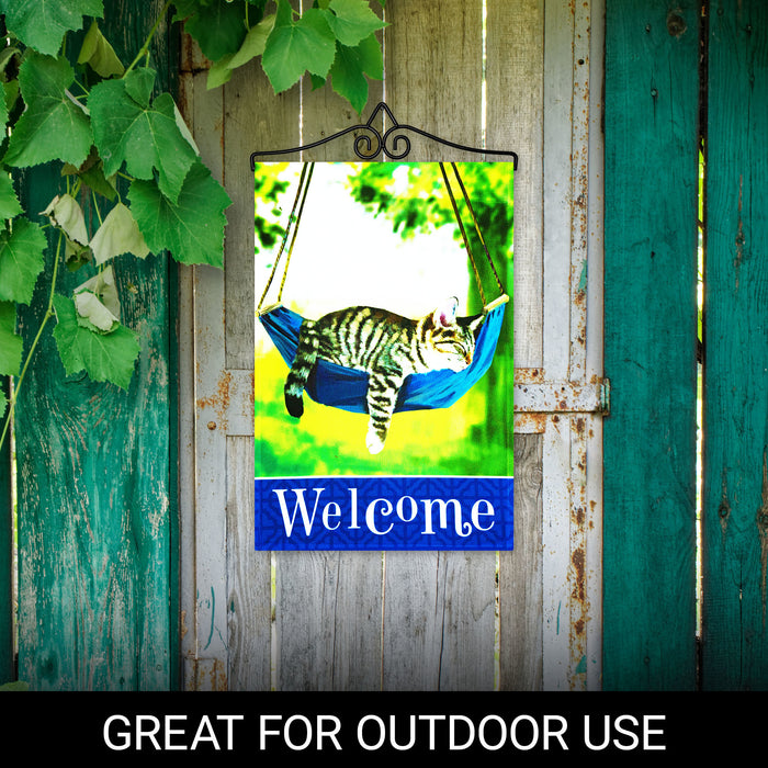 G128 Combo Pack Garden Flag Hanger 14IN & Garden Flag Welcome Sleeping Kitten 12x18IN Printed 150D Polyester