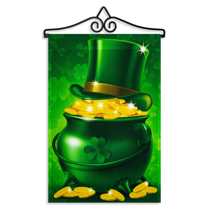 G128 Combo Pack Garden Flag Hanger 14IN & Garden Flag Pot of Gold and Hat 12x18IN Printed 150D Polyester