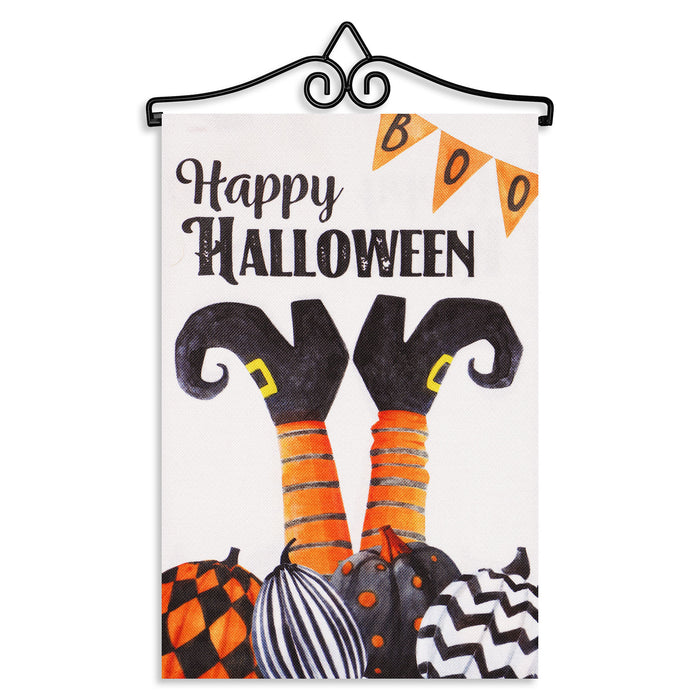 G128 Combo Pack Garden Flag Hanger 14IN & Garden Flag Happy Halloween Witch Feet and Spooky Pumpkins 12x18IN Printed Double Sided Burlap Fabric