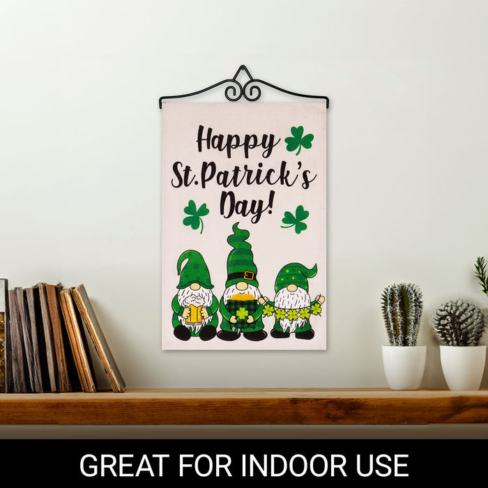 G128 Combo Pack Garden Flag Hanger 14IN & Garden Flag Happy St. Patrick's Day 3 Leprechaun Gnomes 12x18IN Printed Double Sided Burlap Fabric