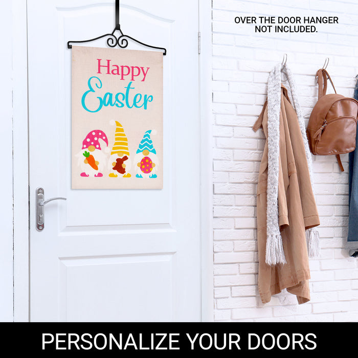 G128 Combo Pack Garden Flag Hanger 14IN & Garden Flag Happy Easter 3 Gnomes with Carrot Chocolate Bunny Egg 12x18IN Printed Double Sided Burlap Fabric