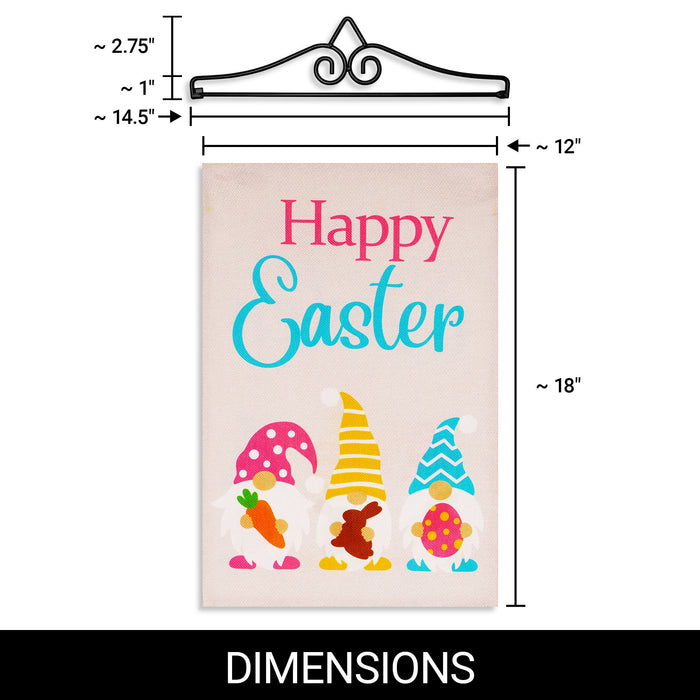 G128 Combo Pack Garden Flag Hanger 14IN & Garden Flag Happy Easter 3 Gnomes with Carrot Chocolate Bunny Egg 12x18IN Printed Double Sided Burlap Fabric