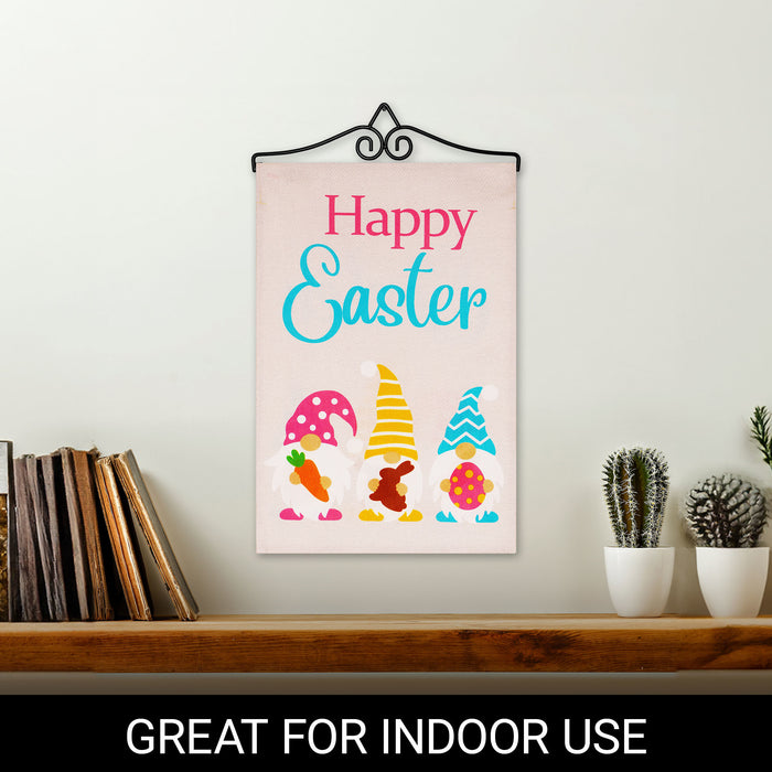 G128 Combo Pack Garden Flag Hanger 14IN & Garden Flag Happy Easter 3 Gnomes with Carrot Chocolate Bunny Egg 12x18IN Printed Double Sided Burlap Fabric