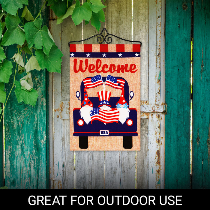 G128 Combo Pack Garden Flag Hanger 14IN & Garden Flag Welcome 3 Gnomes in Patriotic Truck 12x18IN Printed Double Sided Burlap Fabric