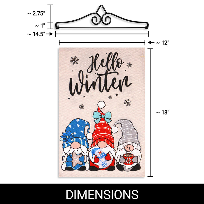 G128 Combo Pack Garden Flag Hanger 14IN & Garden Flag Hello Winter 3 Cozy Gnomes with Hot Chocolate 12x18IN Printed Double Sided Burlap Fabric