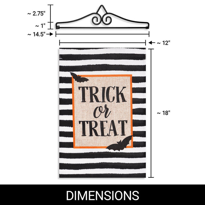 G128 Combo Pack Garden Flag Hanger 14IN & Garden Flag Trick or Treat Bats and Black and White Stripes 12x18IN Printed Double Sided Burlap Fabric