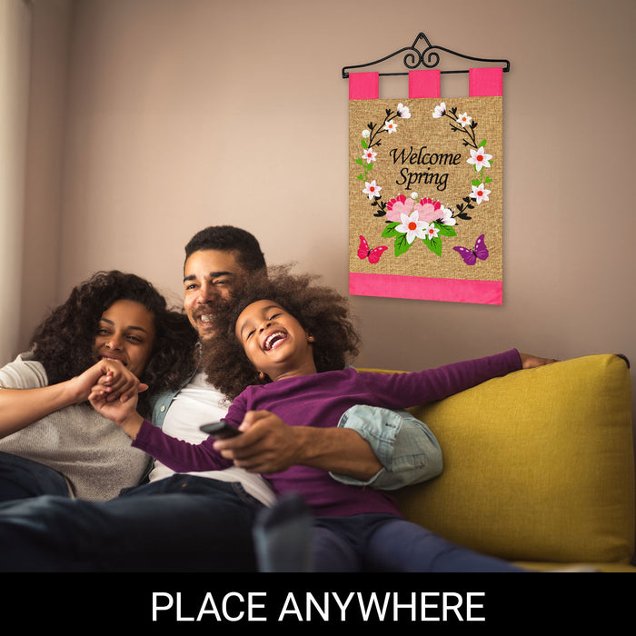 G128 Combo Pack Garden Flag Hanger 14IN & Garden Flag Welcome Spring Flower Wreath and Butterflies 12x18IN Printed Double Sided Blockout Fabric