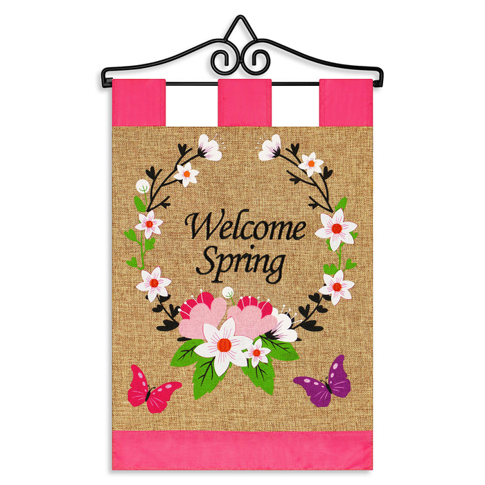 G128 Combo Pack Garden Flag Hanger 14IN & Garden Flag Welcome Spring Flower Wreath and Butterflies 12x18IN Printed Double Sided Blockout Fabric