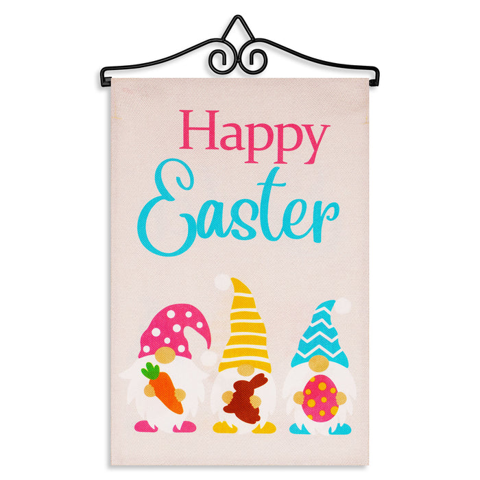 G128 Combo Pack Garden Flag Hanger 14IN & Garden Flag Happy Easter 3 Gnomes with Carrot Chocolate Bunny Egg 12x18IN Printed Double Sided Burlap Fabric