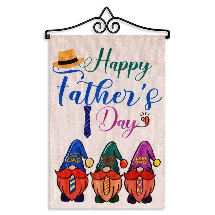 G128 Combo Pack Garden Flag Hanger 14IN & Garden Flag Happy Fathers Day 3 Gnome Fathers 12x18IN Printed Double Sided Burlap Fabric