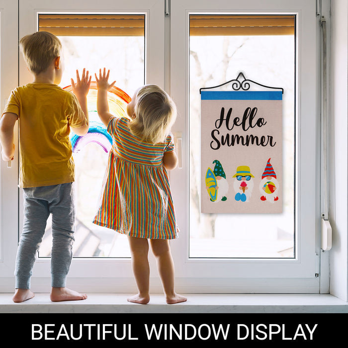 G128 Combo Pack Garden Flag Hanger 14IN & Garden Flag Hello Summer 3 Beach Ready Gnomes 12x18IN Printed Double Sided Burlap Fabric