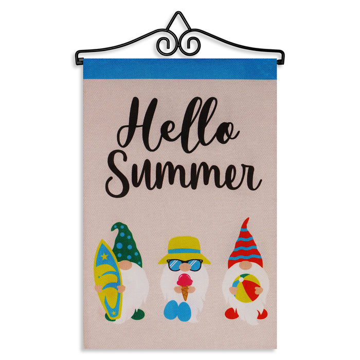 G128 Combo Pack Garden Flag Hanger 14IN & Garden Flag Hello Summer 3 Beach Ready Gnomes 12x18IN Printed Double Sided Burlap Fabric