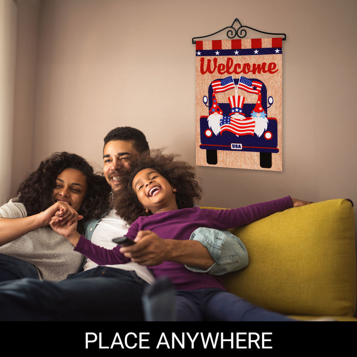 G128 Combo Pack Garden Flag Hanger 14IN & Garden Flag Welcome 3 Gnomes in Patriotic Truck 12x18IN Printed Double Sided Burlap Fabric