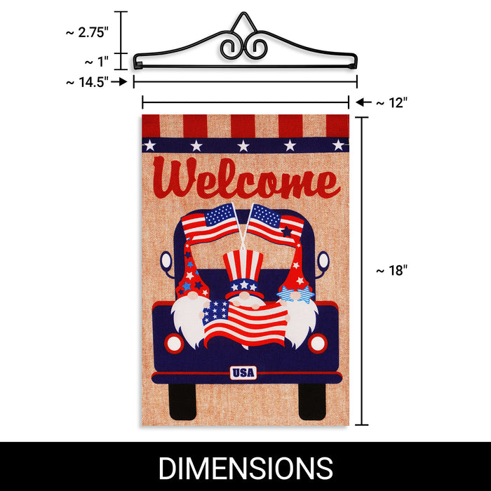 G128 Combo Pack Garden Flag Hanger 14IN & Garden Flag Welcome 3 Gnomes in Patriotic Truck 12x18IN Printed Double Sided Burlap Fabric