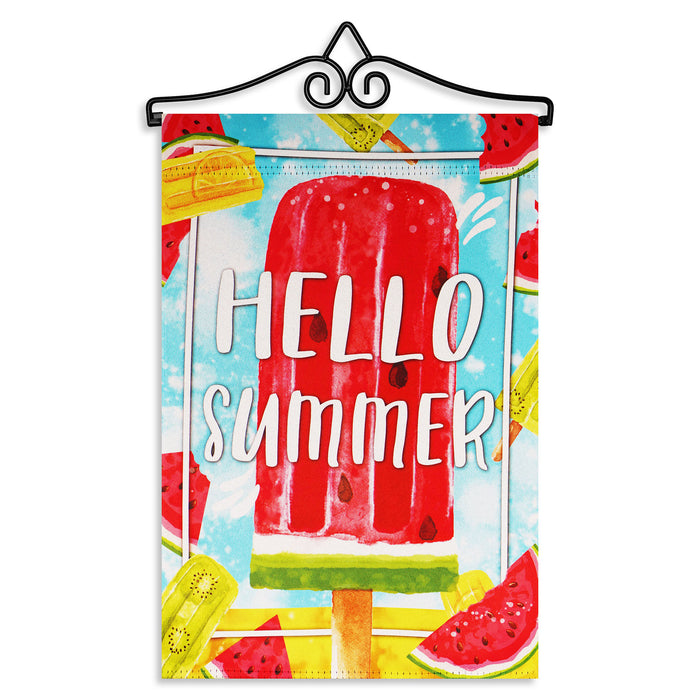 G128 Combo Pack Garden Flag Hanger 14IN & Garden Flag Hello Summer Watermelon Popsicle 12x18IN Printed Double Sided Blockout Fabric