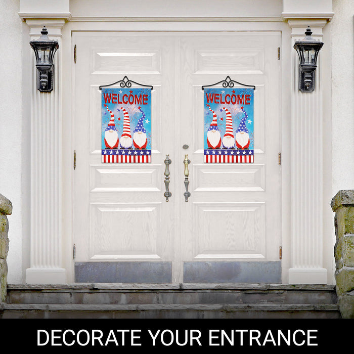 G128 Combo Pack Garden Flag Hanger 14IN & Garden Flag Welcome 3 Patriotic Gnomes 12x18IN Printed Double Sided Blockout Fabric