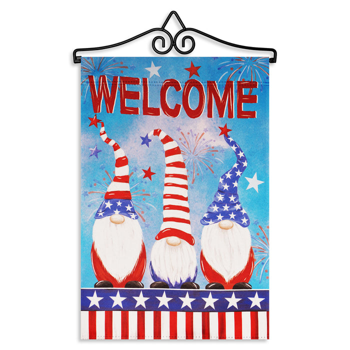 G128 Combo Pack Garden Flag Hanger 14IN & Garden Flag Welcome 3 Patriotic Gnomes 12x18IN Printed Double Sided Blockout Fabric