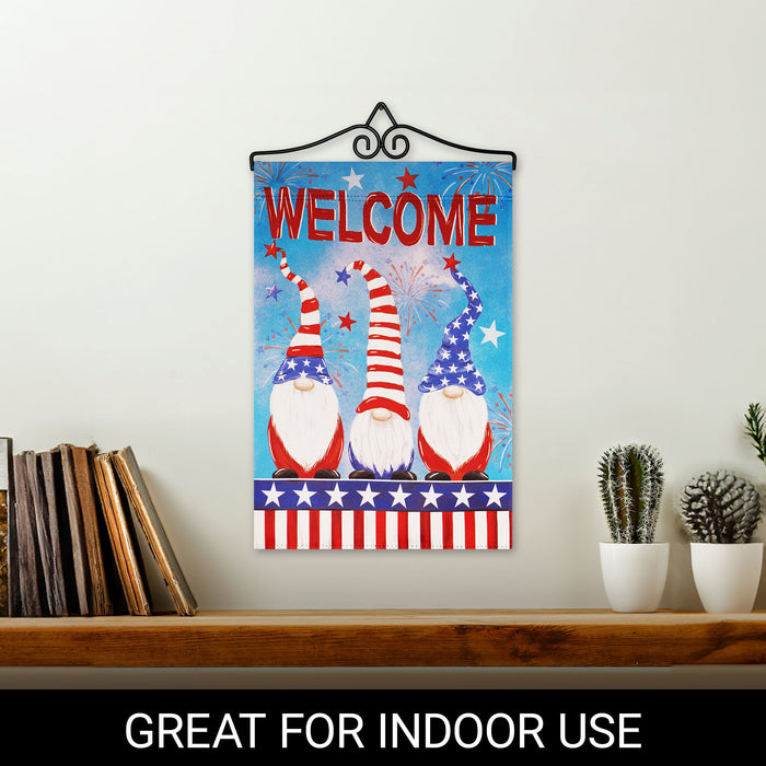 G128 Combo Pack Garden Flag Hanger 14IN & Garden Flag Welcome 3 Patriotic Gnomes 12x18IN Printed Double Sided Blockout Fabric