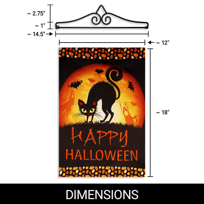 G128 Combo Pack Garden Flag Hanger 14IN & Garden Flag Happy Halloween Black Cat and Ghosts 12x18IN Printed Double Sided Blockout Fabric