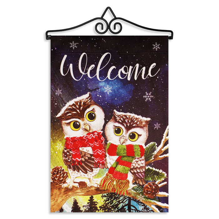G128 Combo Pack Garden Flag Hanger 14IN & Garden Flag Welcome Cozy Owls with Scarves 12x18IN Printed Double Sided Blockout Fabric