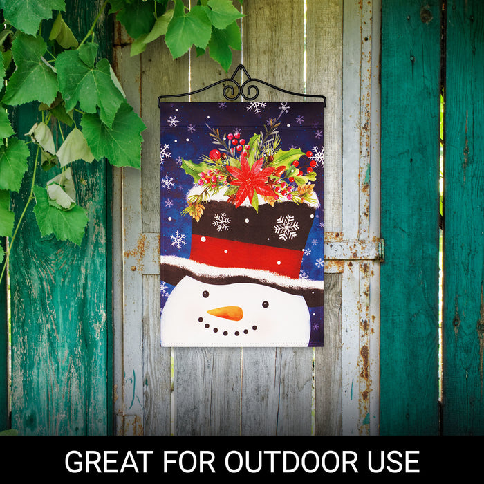 G128 Combo Pack Garden Flag Hanger 14IN & Garden Flag Snowman with Festive Evergreen Top Hat 12x18IN Printed Double Sided Blockout Fabric