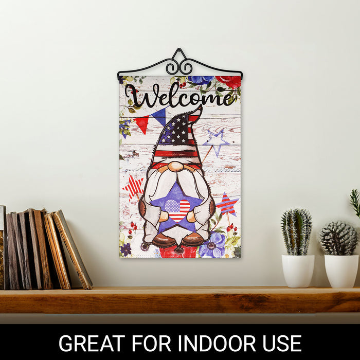 G128 Combo Pack Garden Flag Hanger 14IN & Garden Flag Welcome Patriotic Gnome with Star 12x18IN Printed Double Sided Blockout Fabric