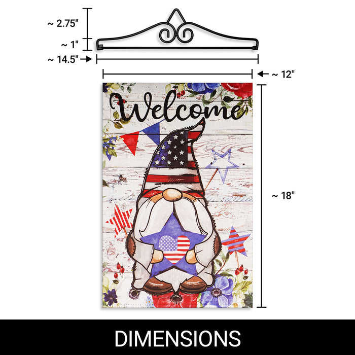 G128 Combo Pack Garden Flag Hanger 14IN & Garden Flag Welcome Patriotic Gnome with Star 12x18IN Printed Double Sided Blockout Fabric